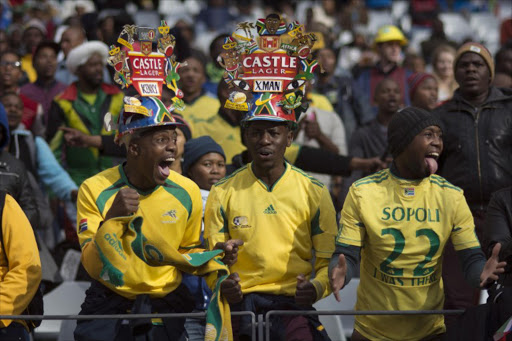 Fans of Bafana Bafana cheer for their team before the start of the friendly football match against Angola at Cape Town Stadium, on June 16, 2015, in Cape Town.