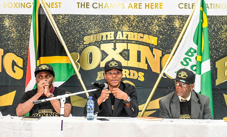 Khulile Radu of Boxing South Africa, Tsholofelo Lejaka (CEO) of Boxing South Africa and Dr Peter Ngatane (Chairman) of Boxing South Africa during the South African Boxing Awards media launch and nominees announcement at Uncle Tom's Community Centre on April 29, 2019 in Johannesburg, South Africa.