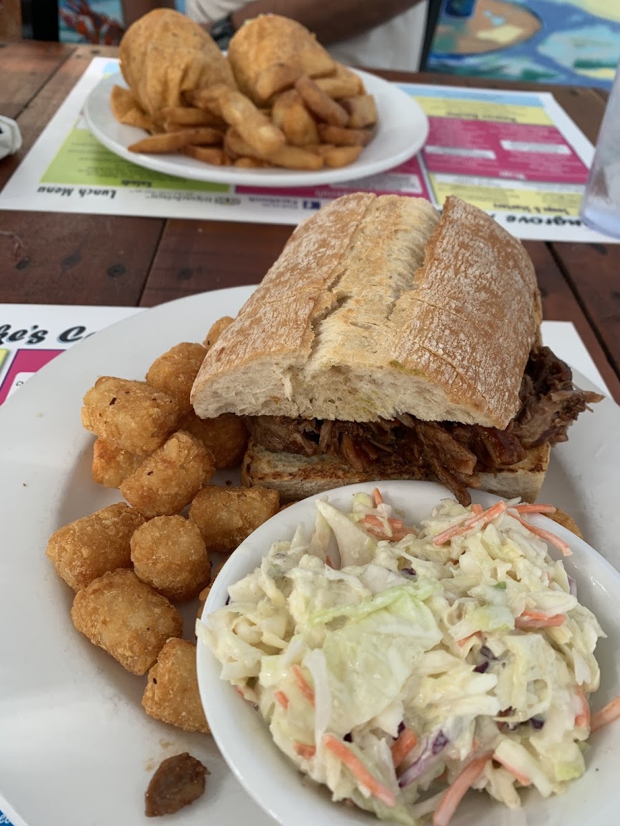 BBQ pork sandwich and Tator tots (fried in same oil unless ask otherwise)