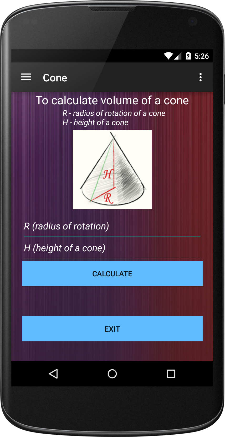 Android application Geometry Calculation of volume screenshort
