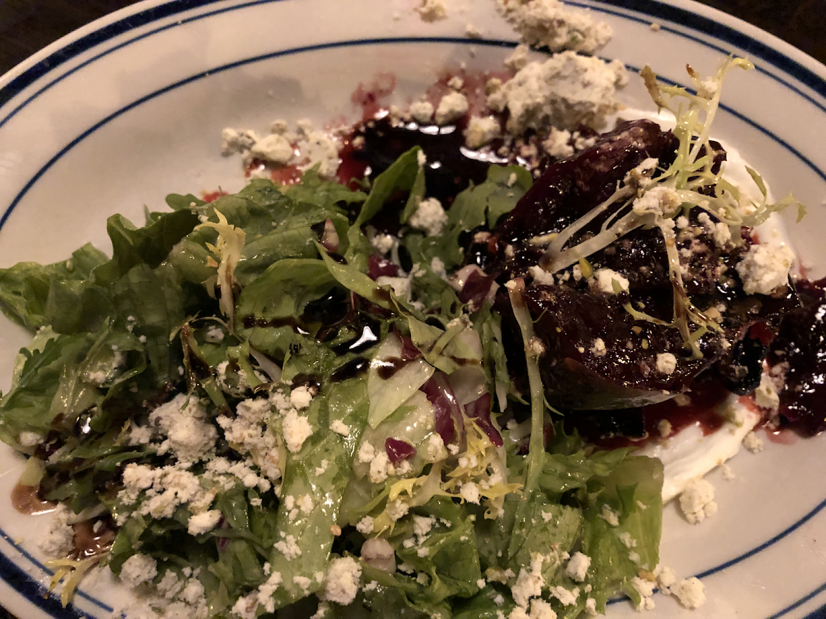 1/2 Bloody Beet salad 🥗. Greek yogurt, pistachio, greens, veal pan drippings! You can share any salad as they are entree size and the chef will put on individual plates. 👍🏻