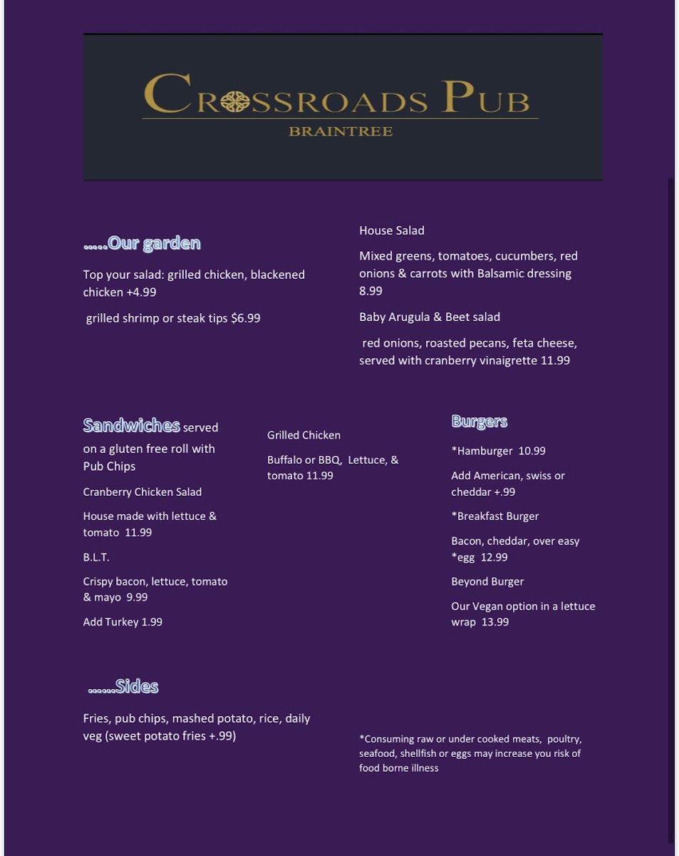 Crossroads Pub gluten-free menu