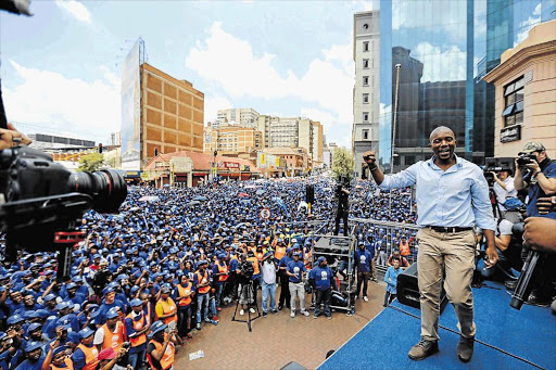 WE NEED WORK: 20000 DA members march with party leader Mmusi Maimane through Johannesburg’s CBD demanding job creation from the state yesterday Picture: MOELETSI MABE