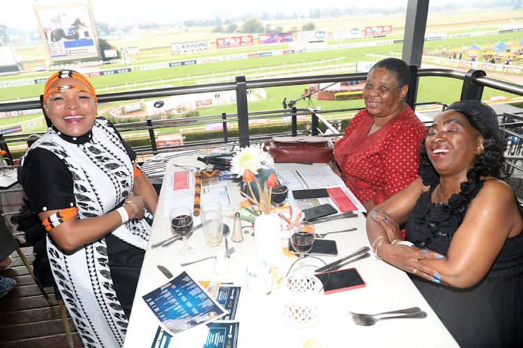 Mbali Nkali, Ntwanya Motsie and Nonhlanhla Sibelekwana at the Joburg Seafood & Jazz Racing Festival at Turffontein Racecourse on Saturday.