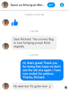 The owner of the Biltong and Wors Shop in Tawa, New Zealand, contacted lawyer Richard Stephen to inform him that the old SA flag had been removed from the shop's front window. Stephen had created a petition to have the flag removed. The owner messaged him via Facebook Messenger on Friday.