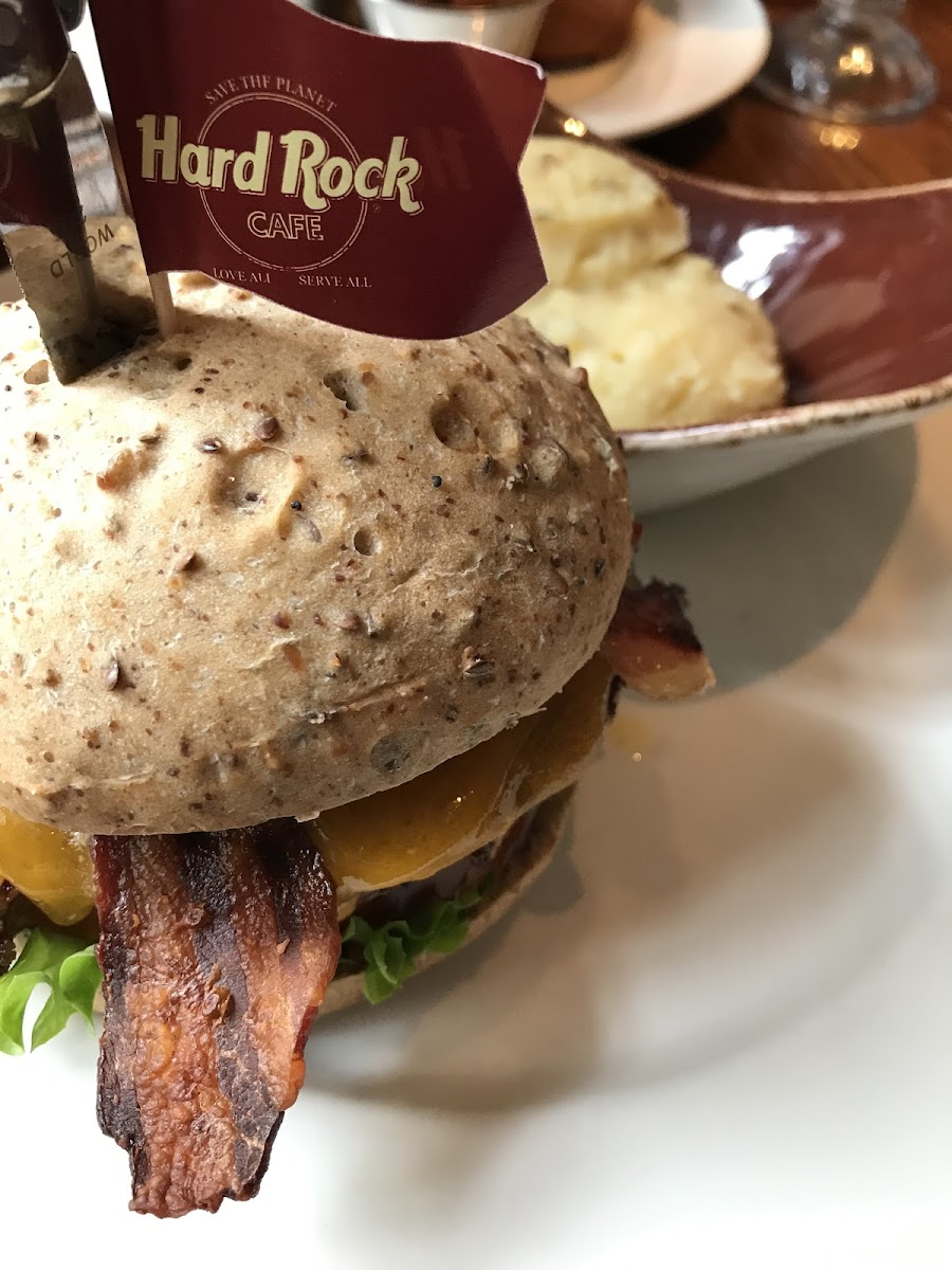 Bacon cheeseburger and mashed potatoes. GF bun.