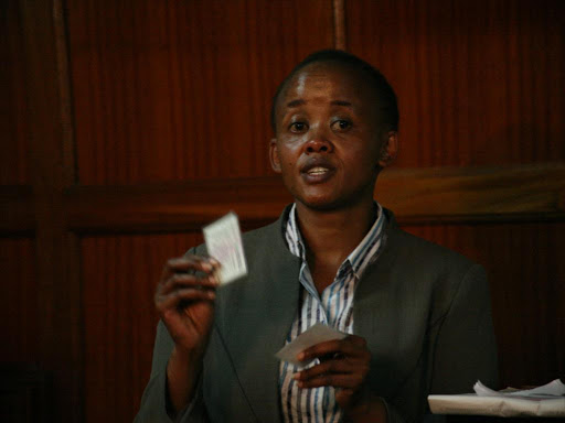 Lawyer Kethi Kilonzo when she was cross-examined at the Milimani law court in the voter card theft case. /FILE