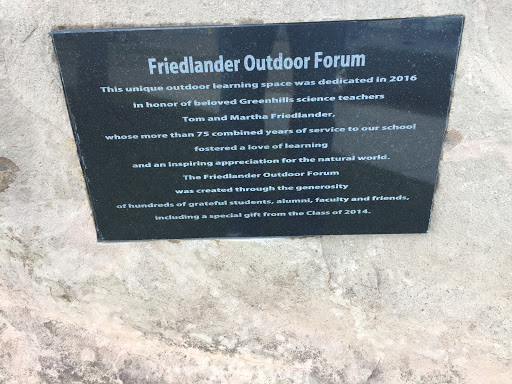 Friedlander Outdoor Forum This unique outdoor learning space was dedicated in 2016 in honor of beloved Greenhills science teachers Tom and Martha Friedlander, whose more than 75 combined years of...