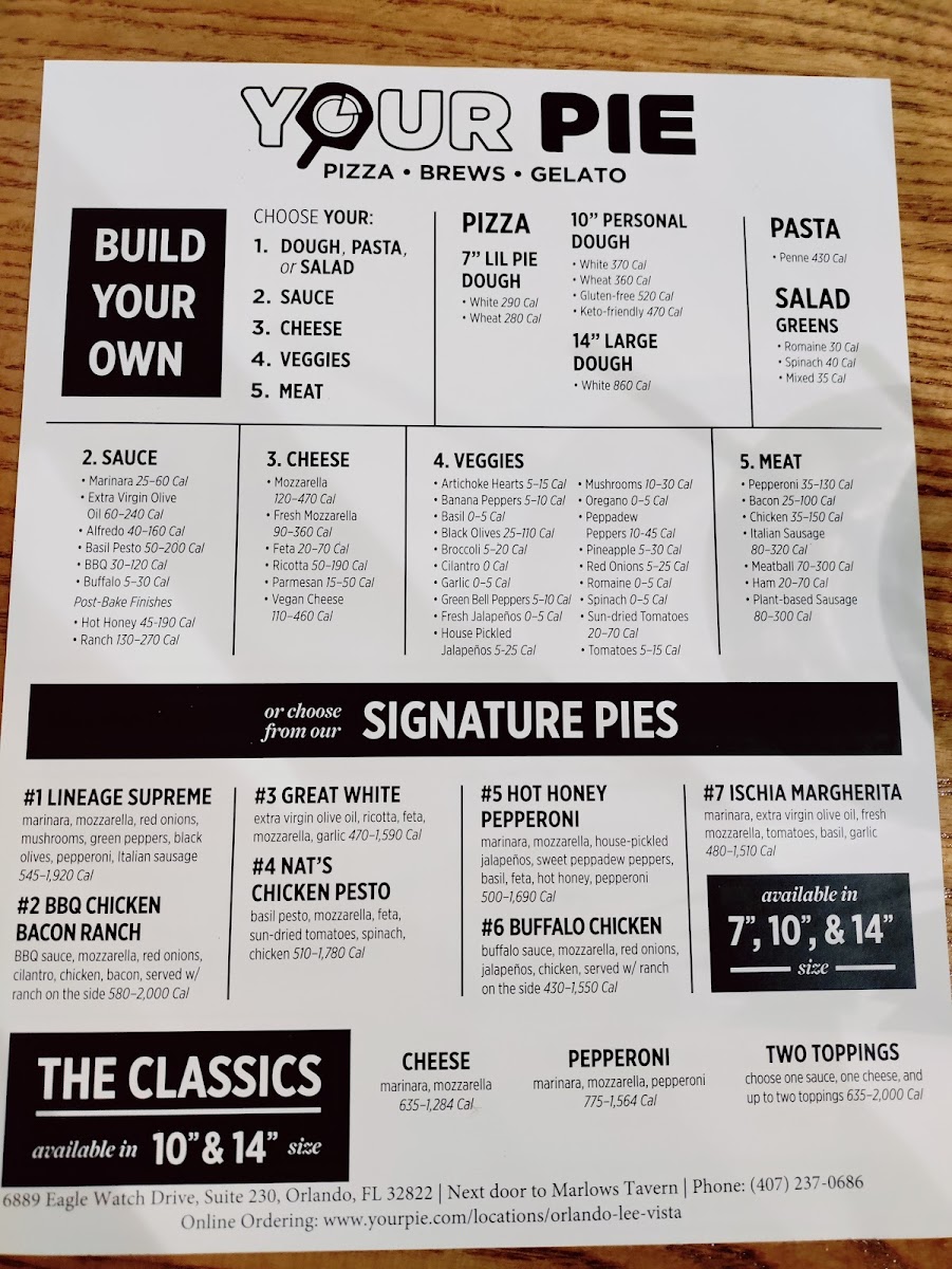 Your Pie Pizza gluten-free menu