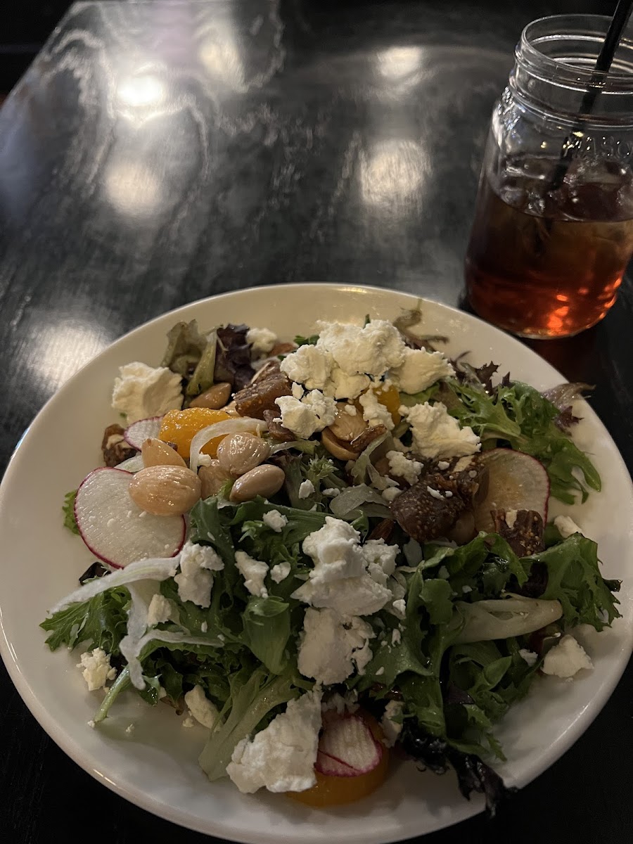 1/2 chevre fig salad - it was so big, I thought it was full sized!  Don't include the goat cheese coated in crumbs and fried. Substitute fresh goat cheese. The light and varied flavors and textures made this an extra yummy salad