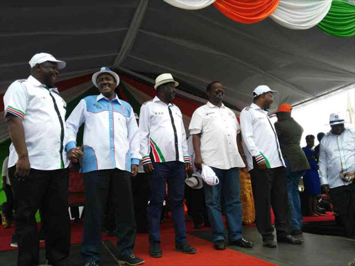NASA principals Isaac Rutto (Bomet Governor, Chama Cha Mashinani), Kalonzo Musyoka (DP candidate Wiper), Raila Odinga (flag bearer, ODM), Musalia Mudavadi (Amani National Congress) and Moses Wetang'ula (Bungoma Senator, Western Kenya) during their rally at Gusii Stadium, May 17, 2017.