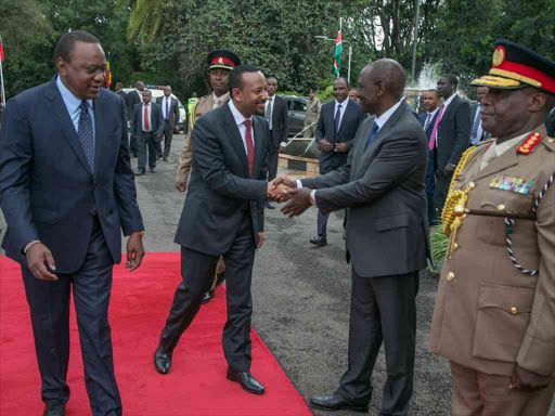 President Uhuru Kenyatta, Ethiopian Prime Minister Abiy Ahmed and Deputy President William Ruto at State House in Nairobi, May 7, 2018./FILE