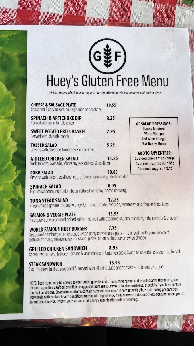 Huey's gluten-free menu