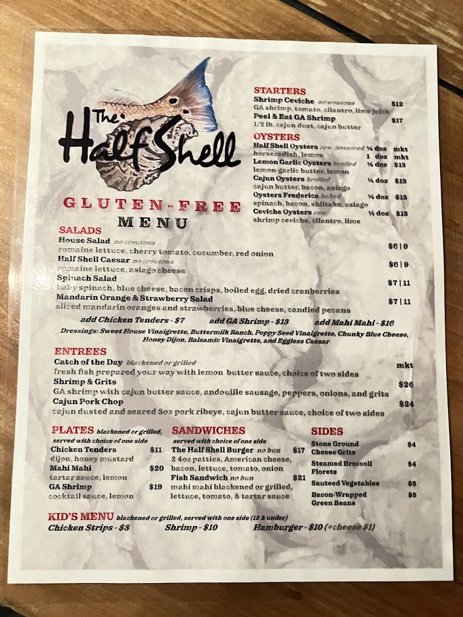 The Half Shell SSI gluten-free menu