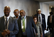 ANC chairperson Gwede Mantashe arrives to testify at the commission of inquiry into state capture, accompanied by deputy secretary-general Jessie Duarte, head of presidency Zizi Kodwa and Krish Naidoo, who was acting as the party's legal adviser at the commission.