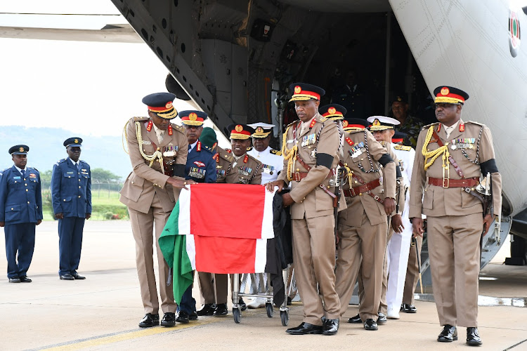 The body of late Chief of Defence Forces General Francis Ogolla arrives at Kisumu International Airport on Sunday, April 21, 2024.