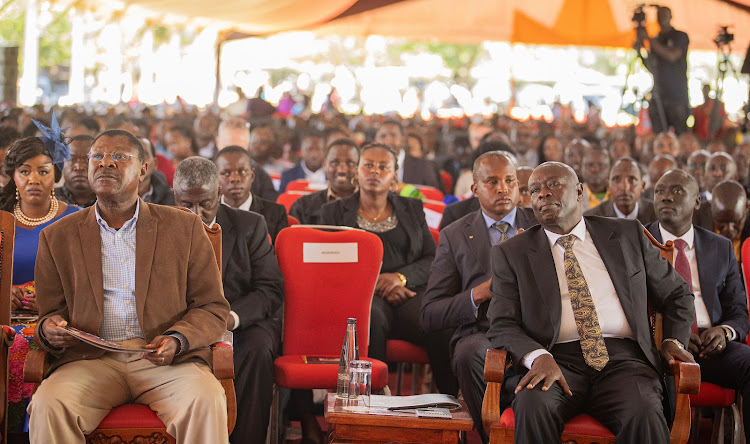 National Assembly Moses Wetangula and Deputy President Rigathi Gachagua alongside other attendeed listening through the funeral service of Mama Annah Tikui Noolparakuo Tunai in Narok on March 18, 2024