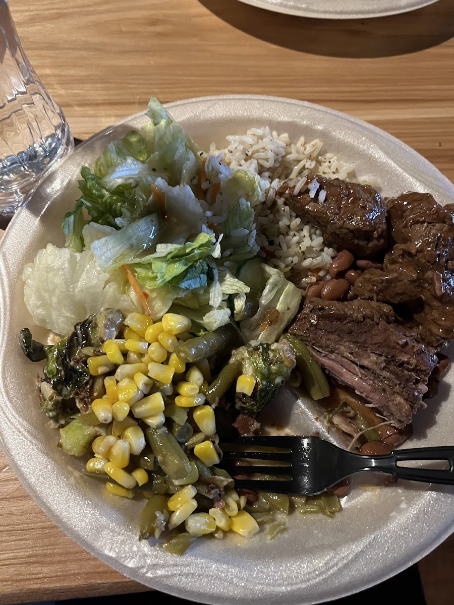 beef roast and brussel sprouts and salad