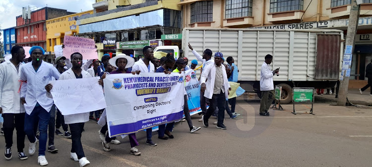 The striking doctors march through the streets in Eldoret on April 15, 2024