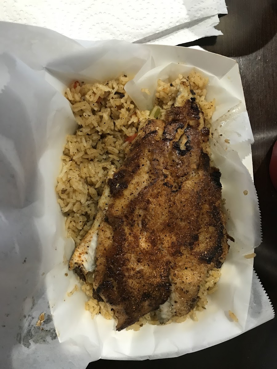 Blackened catfish with rice, but no hush puppies