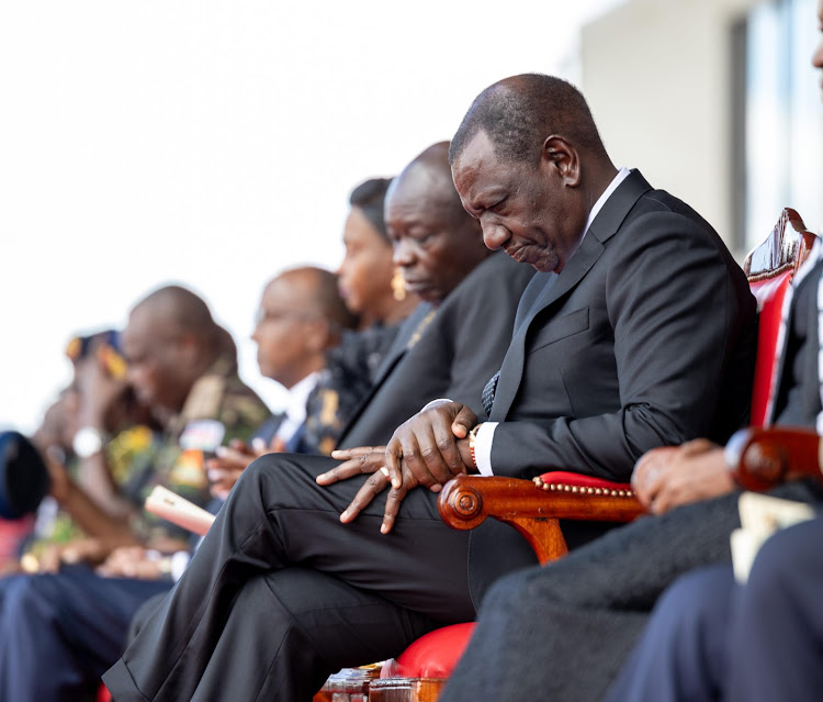 President William Ruto during the miklitary honour and memorial service for late CDF General Francis Ogolla at Ulinzi Sports Stadium on April 20, 2024.