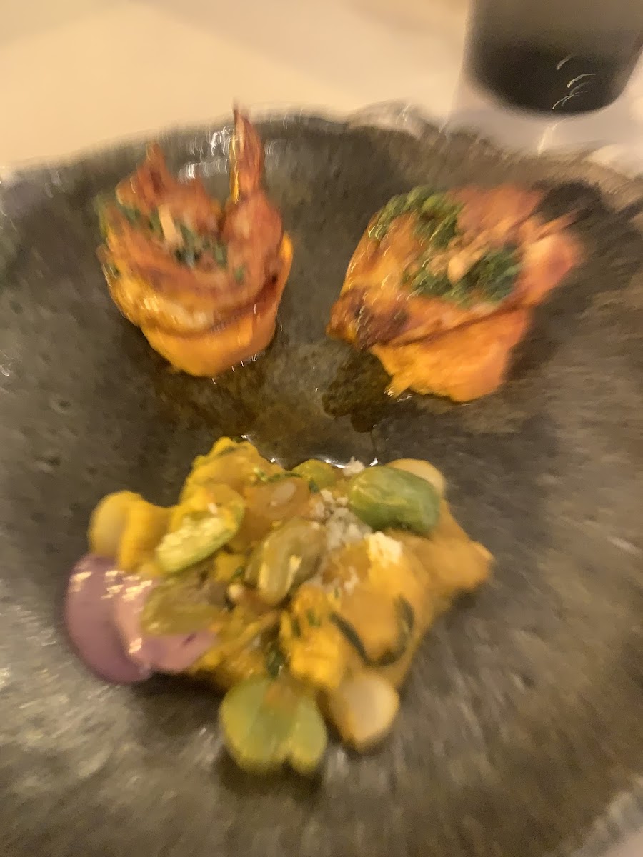 2nd course was adjusted just for me, prawn, therre should be grilled octopus buy i made a face and rhe wiarer put jt on the side, and there was a chicken skewer.