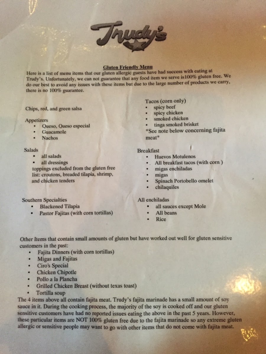 Trudy's gluten-free menu