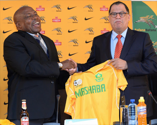 Bafana Coach Shakes Mashaba with Danny Jordaan during the SAFA press conference at SAFA House on August 08, 2014 in Johannesburg, South Africa.