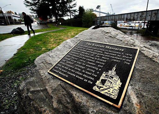 The Everett Massacre At City Dock, just west of here, on November 5, 1916, a group of Everett citizens, deputized by Sheriff Donald McRae, exchanged gunfire with members of the Industrial Workers...