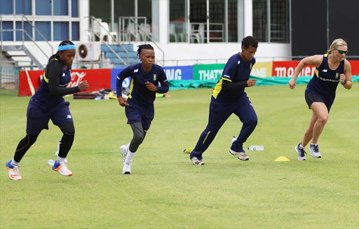 BEST FOOT FORWARD: Proteas women’s team players, from left, Masabata Klaas, Raisibe Ntozakhe, Moseline Daniels and Mignon Dupreez go through their paces during their training session at Buffalo Park Stadium in East London ahead of their game against India Picture: MICHAEL PINYANA