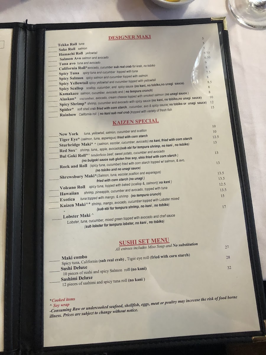 KAIZEN Sushi Bar & Grill gluten-free menu