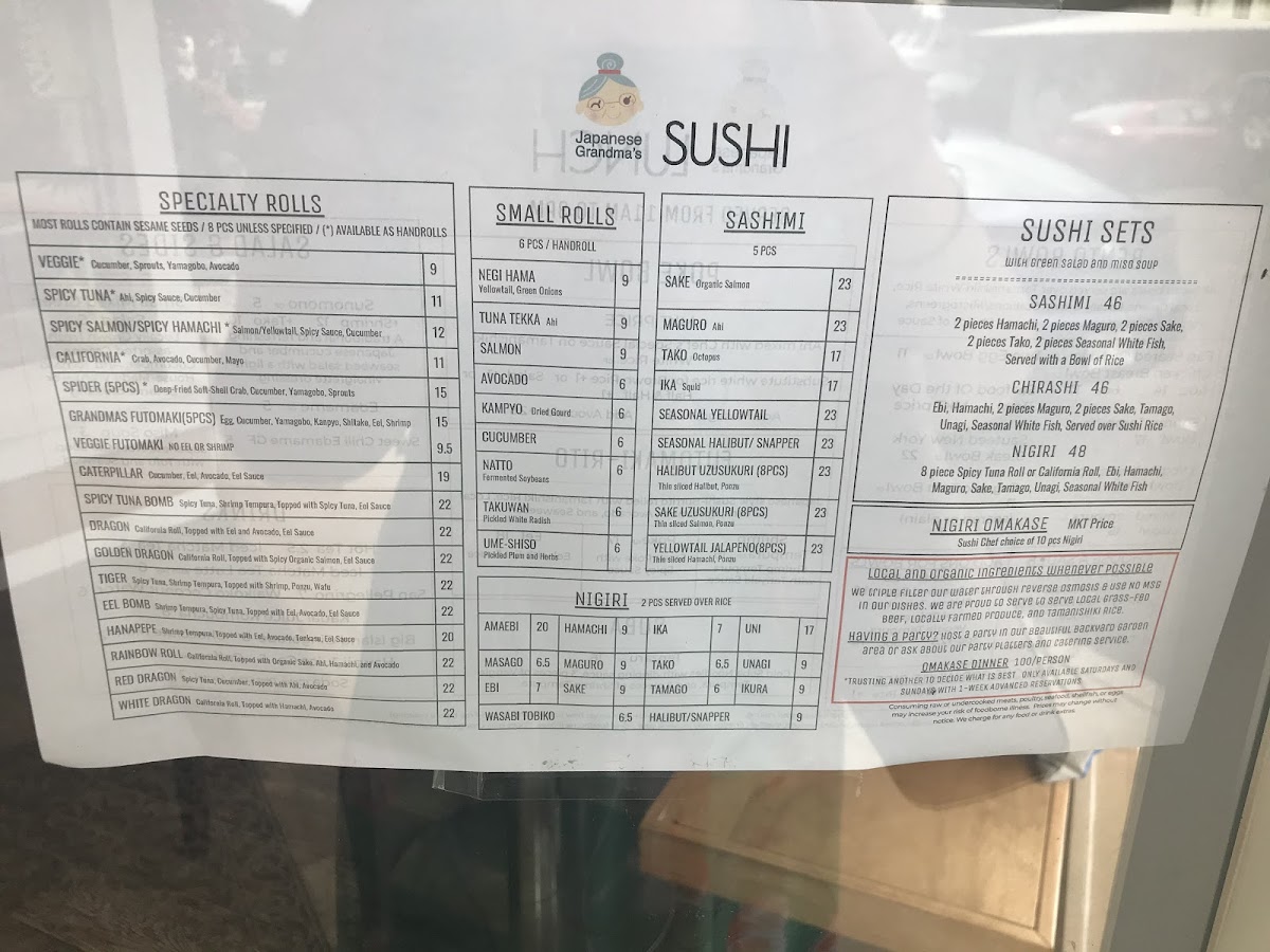 Sushi menu