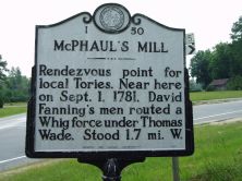 Rendezvous point for local Tories. Near here on Sept. 1, 1781, David Fanning's men routed a Whig force under Thomas Wade. Stood 1.7 mi. W.Plaque via North Carolina Highway Historical Marker...