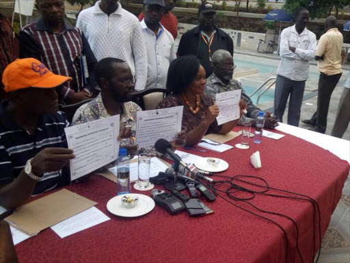 Nyando MP Fred Outa, Kisumu Senator Anyang Nyong'o and Woman Representative Rosa Buyu display their provisional nomination certificates after ODM primaries, April 25, 2017. /COURTESY