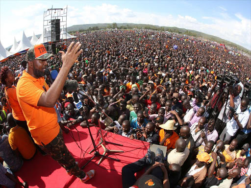 ODM deputy Party leader Hassan Joho address supporters in Kisumu on Saturday Photo/COURTESY
