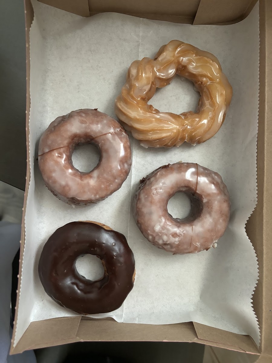 Cruller, glazed, chocolate mochi donuts. All delicious!