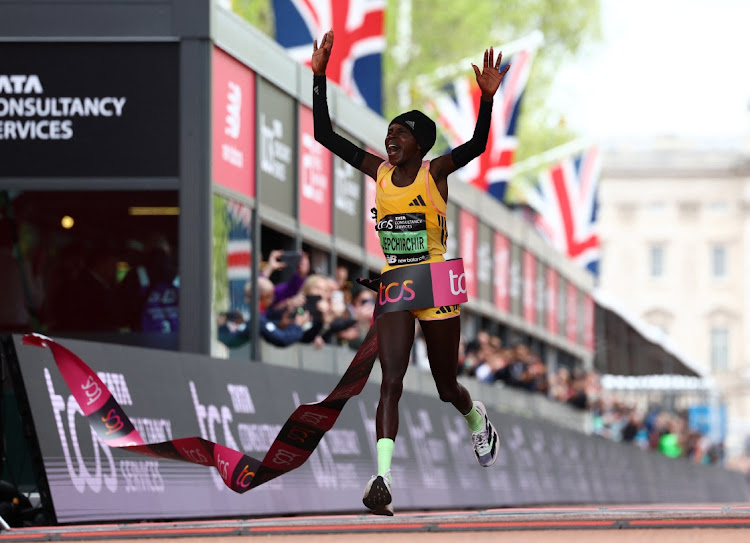 Kenya's Peres Jepchirchir crosses the finish line to win the women's elite race of the London Marathon last week.