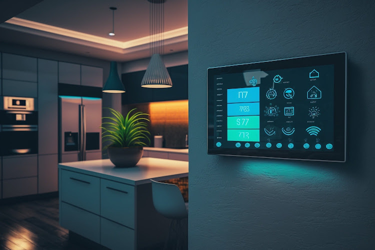 Futuristic smart home technology and automation concept with smart screens and gadgets.