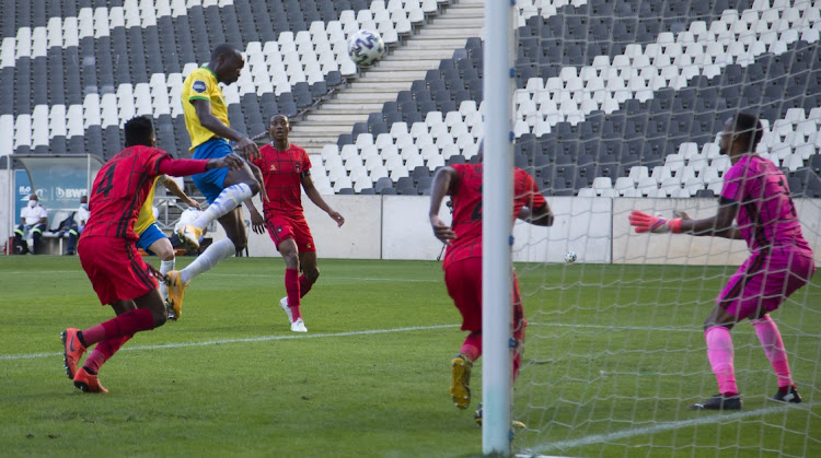 Peter Shalulile of Mamelodi Sundowns during the DStv Premiership 2020/21 game between TS Galaxy and Mamelodi Sundowns at Mbombela Stadium on 9 May 2021.