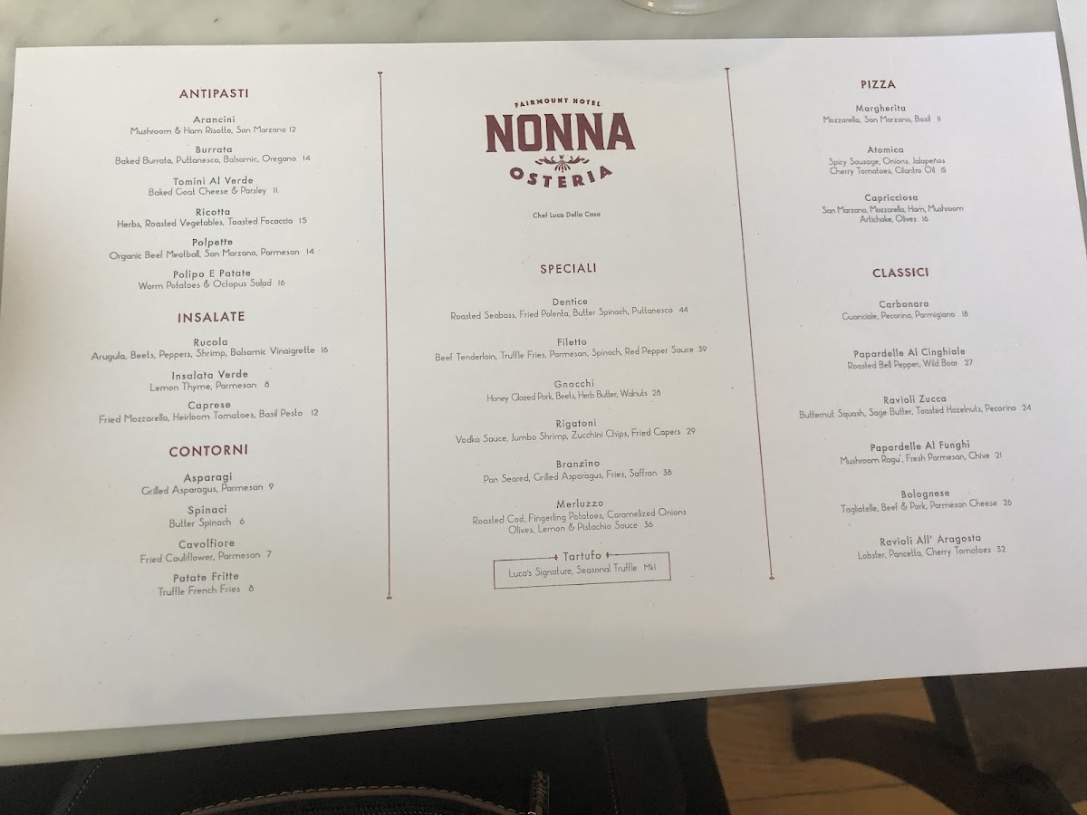 NONNA Osteria gluten-free menu