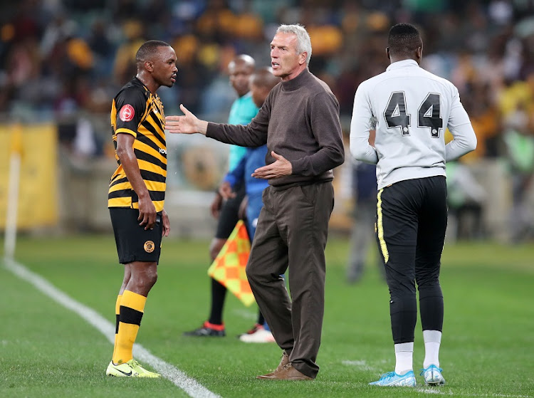 Ernst Middendorp, coach of Kaizer Chiefs talking to Bernard Parker of Kaizer Chiefs during the Absa Premiership 2019/20 match between Kaizer Chiefs and Black Leopards at the Moses Mabhida Stadium, Durban on the 10 August 2019.