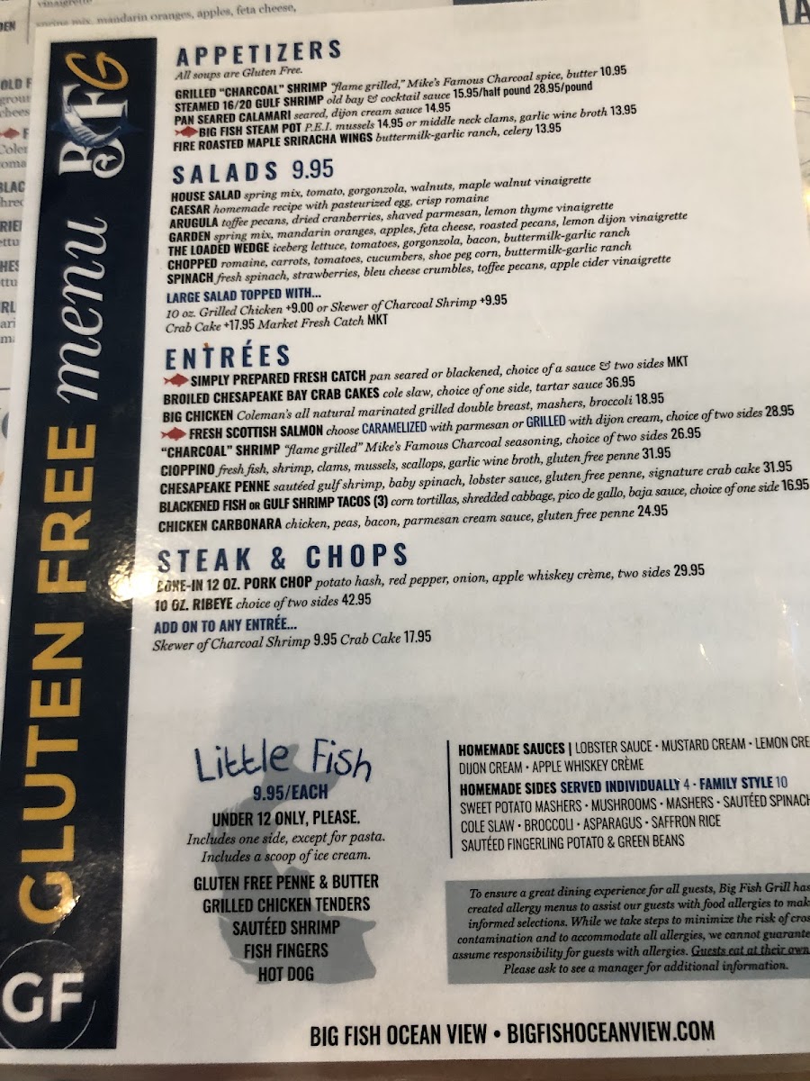Big Fish Grill Ocean View gluten-free menu