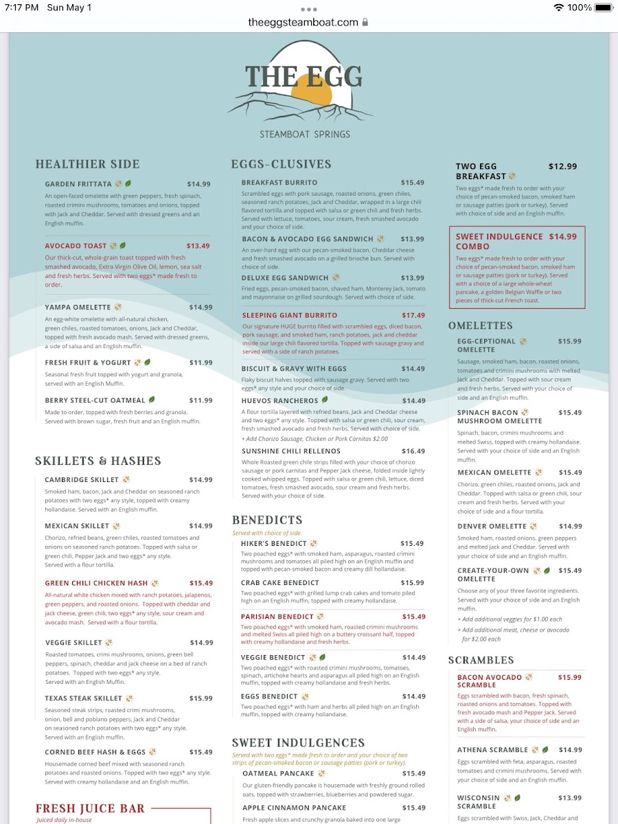 The Egg gluten-free menu