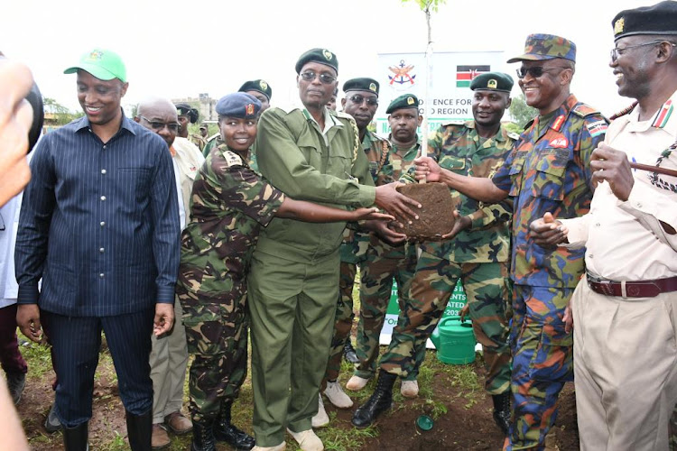 Chief of Defence Forces General Francis Ogolla leads tree planting exercise at Waso Primary School, Isiolo on November 13, 2023.