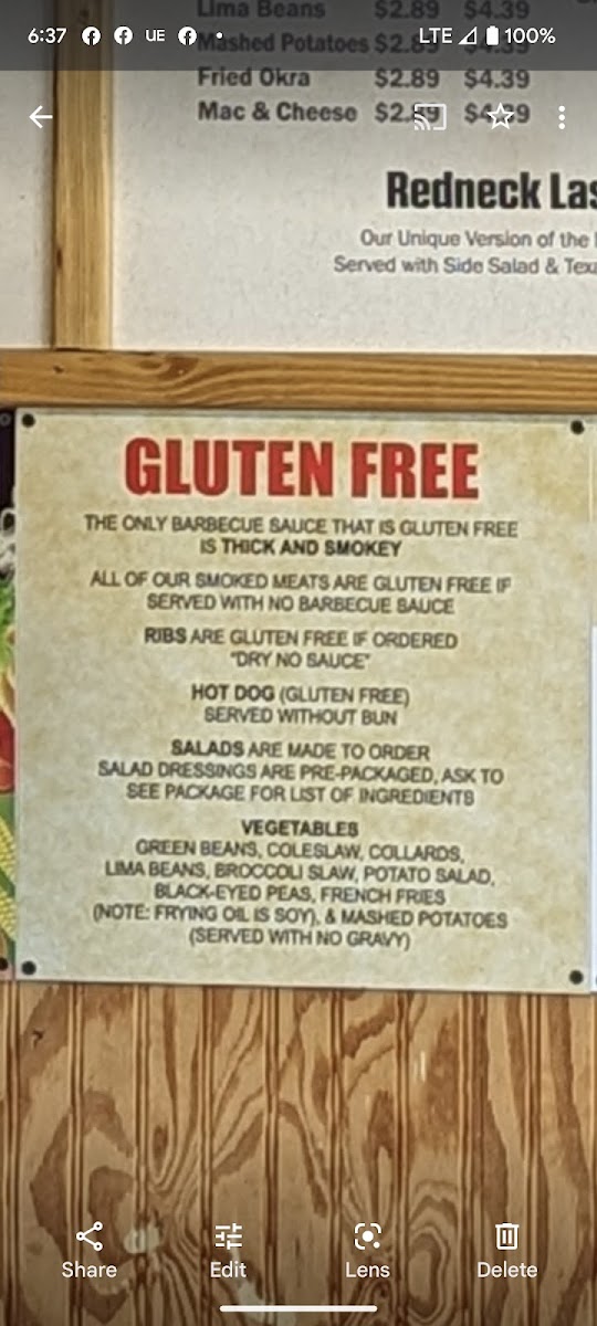 Bigun's Barbeque gluten-free menu