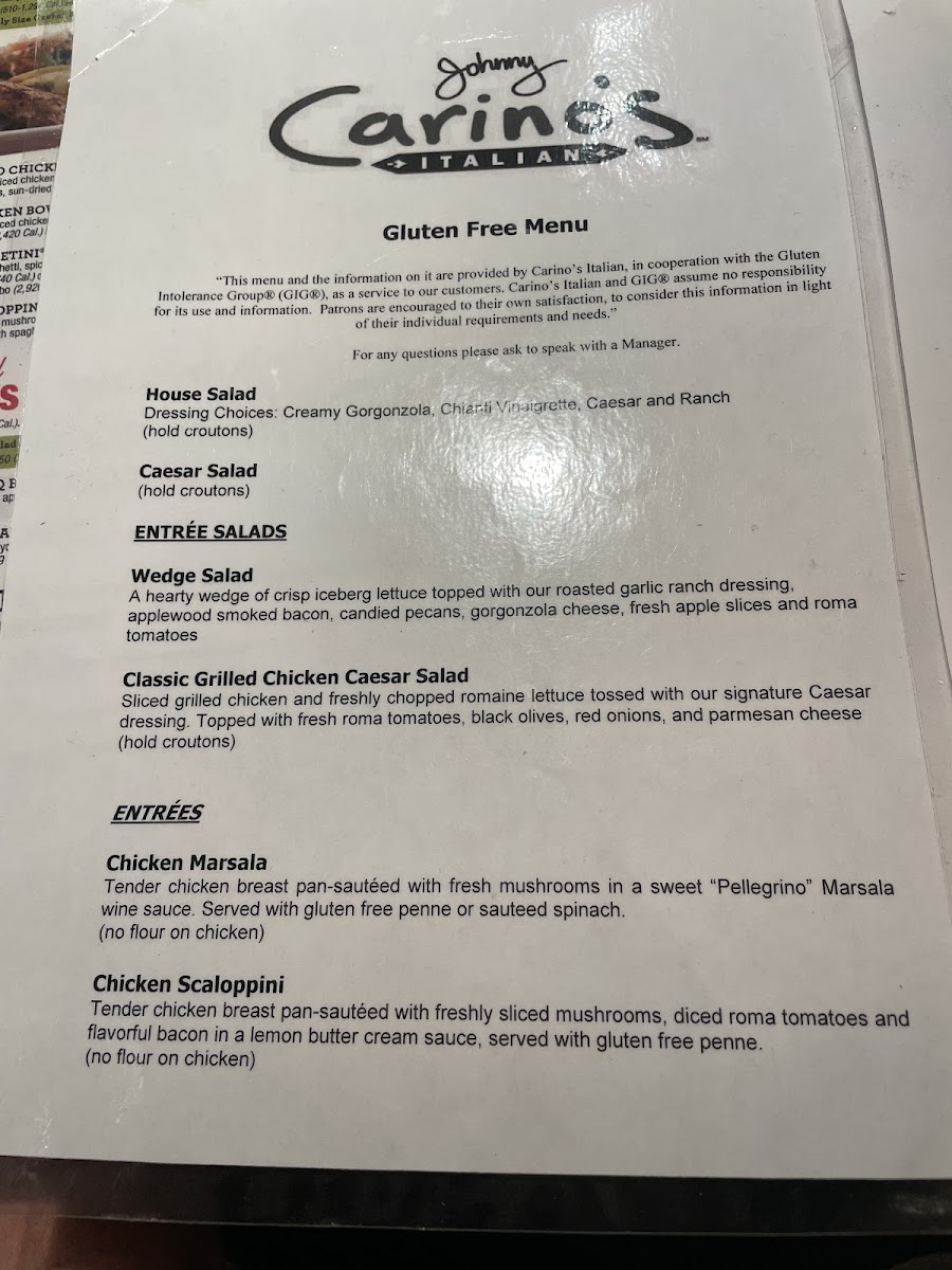 Johnny Carino's gluten-free menu