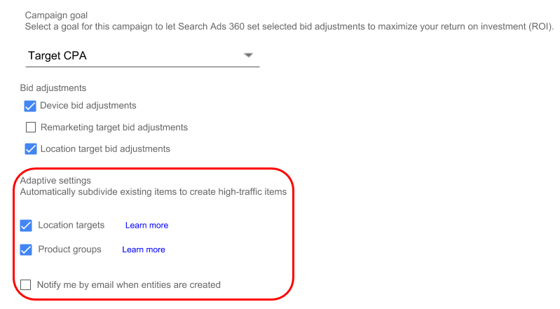 Campaign goal section in campaign editor with Location target bid adjustments check box selected and in the Adaptive settings section, Location targets and  Product groups check boxes selected