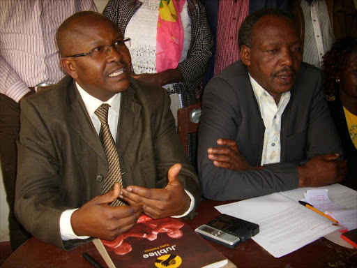 Now-defunct TNA party secretary Wahome Ndegwa and chairman Michael Mbugua during a press conference in Nyandarua on Monday /ALICE WAITHERA