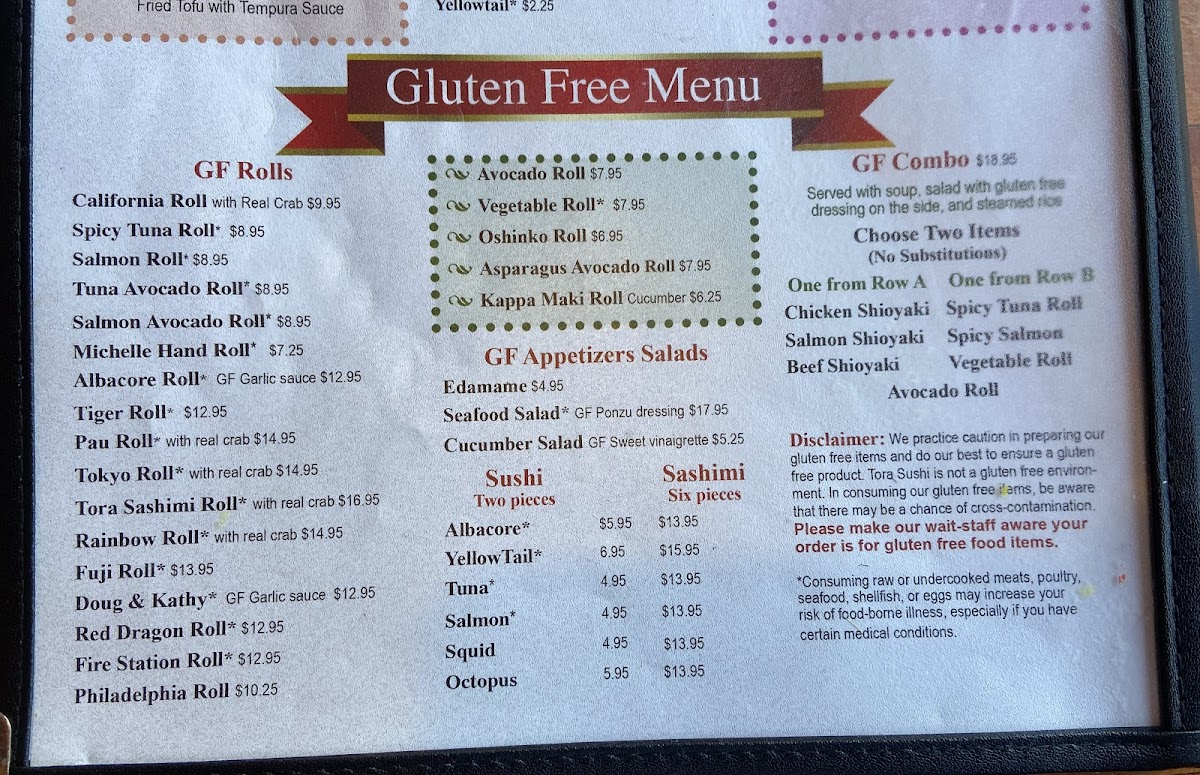 Tora Sushi Lounge gluten-free menu