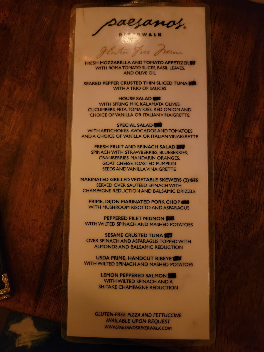 Gluten free menu